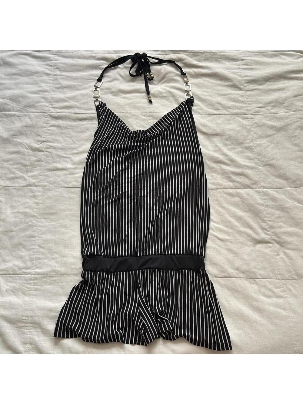 d.i.a. Black White Pinstripe Halter Romper Cowl Neck Ruffle Shorts S